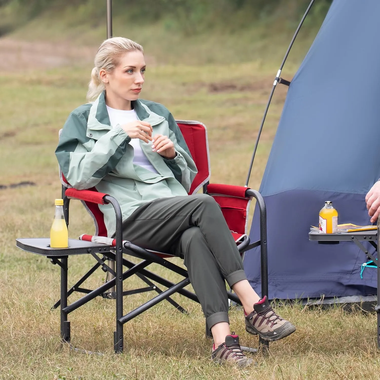 TIMBER RIDGE Aluminum Oversized Camping Chair, Lightweight Portable Directors Chair with Side Table Detachable Side Pocket for Outdoor Camping, Lawn, Picnic, Support 400lbs Red 2 Pack