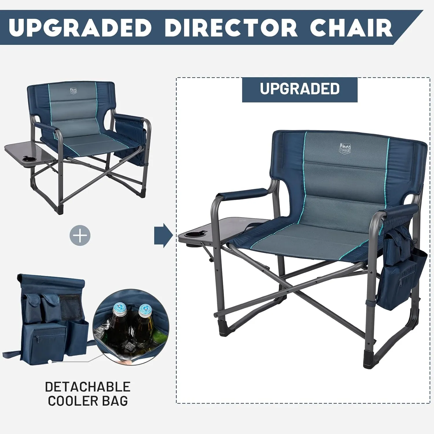 TIMBER RIDGE XXL Upgraded Oversized Directors Chairs with Foldable Side Table, Detachable Side Pocket, Heavy Duty Folding Camping Chair up to 600 Lbs Weight Capacity (Blue) Ideal Gift