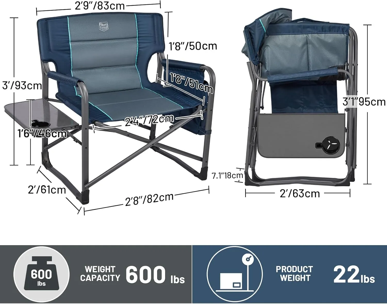 TIMBER RIDGE XXL Upgraded Oversized Directors Chairs with Foldable Side Table, Detachable Side Pocket, Heavy Duty Folding Camping Chair up to 600 Lbs Weight Capacity (Blue) Ideal Gift