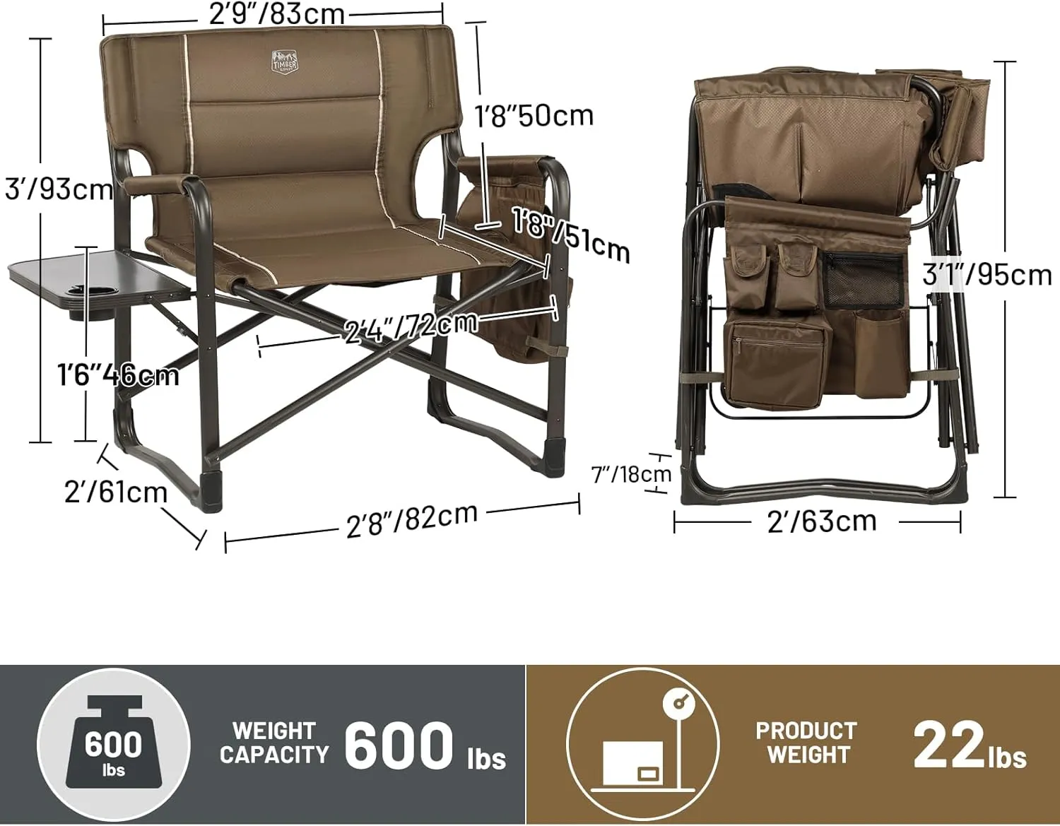 TIMBER RIDGE XXL Upgraded Oversized Directors Chairs with Foldable Side Table, Detachable Side Pocket, Heavy Duty Folding Camping Chair up to 600 Lbs Weight Capacity (Brown) Ideal Gift