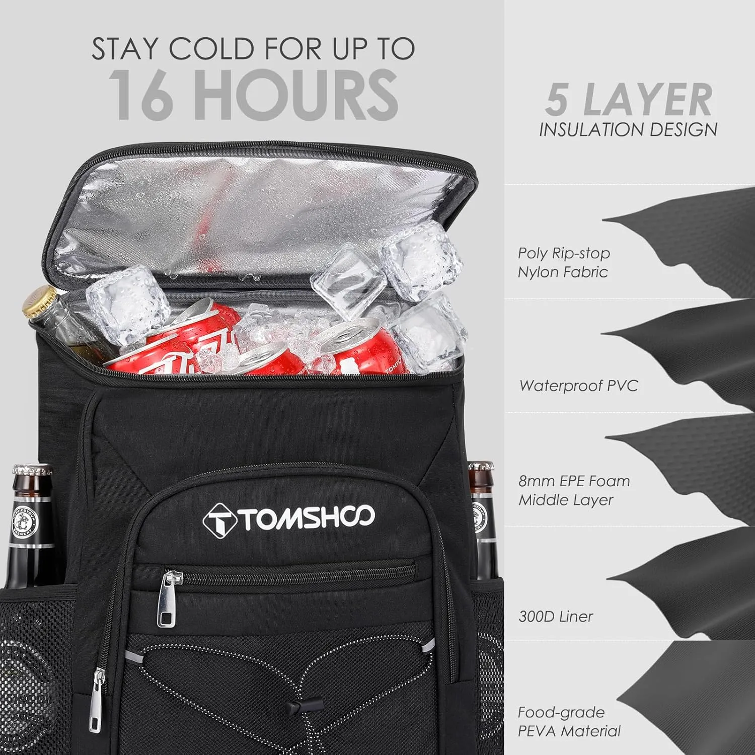 TOMSHOO Cooler Backpack 33 Cans, Lightweight Backpack Coolers Insulated Leak Proof Portable Lightweight Cooler Bag Camping Ice Chest Backpack Hiking, Beach