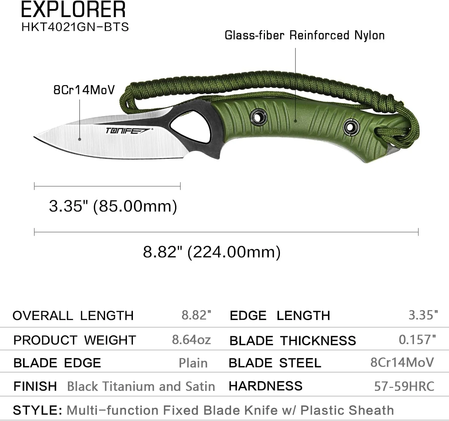 TONIFE Explorer Fixed Blade Knife with Sheath 8Cr14moV Multifunctional Survival Knife Blade with Fiberglass Reinforced Nylon Handle for Outdoor EDC Knife