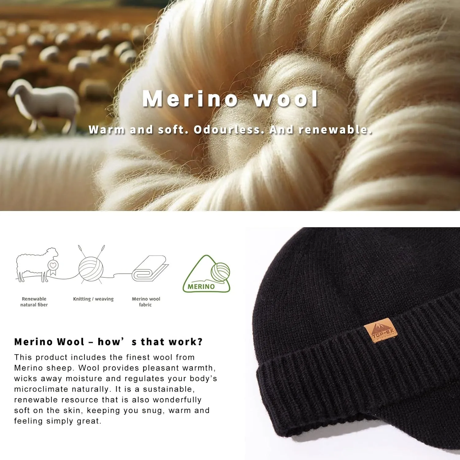 TOP-EX XL/XXL Unisex 80% Merino Wool Waterproof Beanie with Ear Flap Winter Fleece Lined Beanie Hat