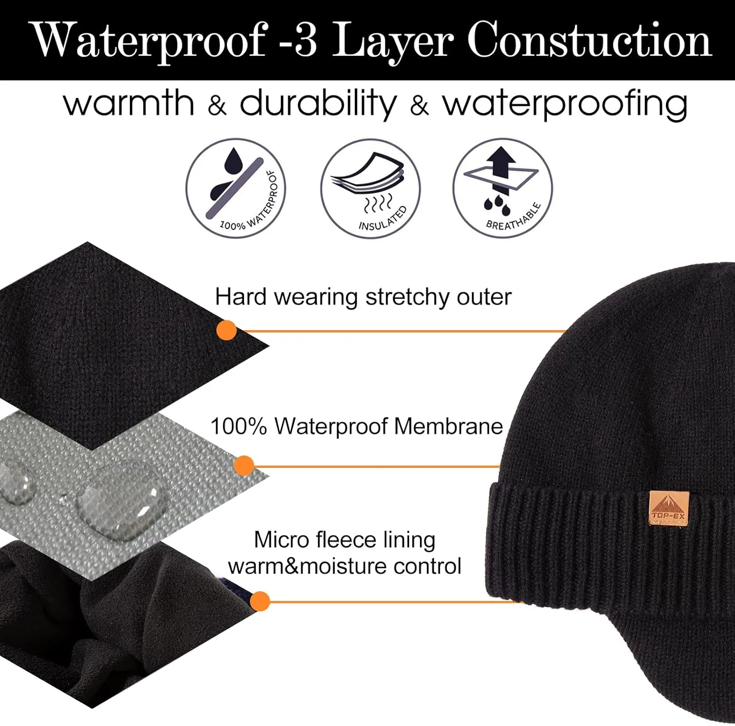 TOP-EX XL/XXL Unisex 80% Merino Wool Waterproof Beanie with Ear Flap Winter Fleece Lined Beanie Hat