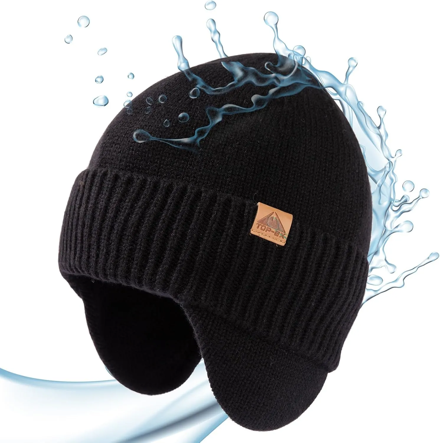 TOP-EX XL/XXL Unisex 80% Merino Wool Waterproof Beanie with Ear Flap Winter Fleece Lined Beanie Hat