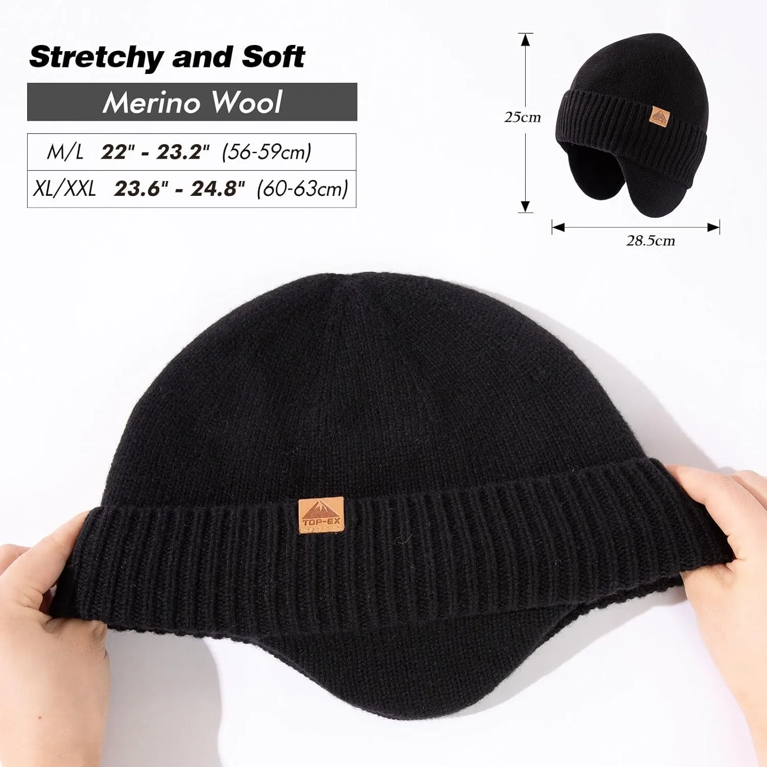 TOP-EX XL/XXL Unisex 80% Merino Wool Waterproof Beanie with Ear Flap Winter Fleece Lined Beanie Hat