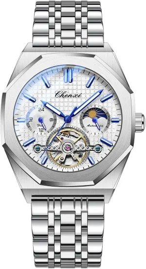 Tourbillon Mechanical Mens Watch Waterproof Moon Phase Luminous Automatic Winding Wristwatch