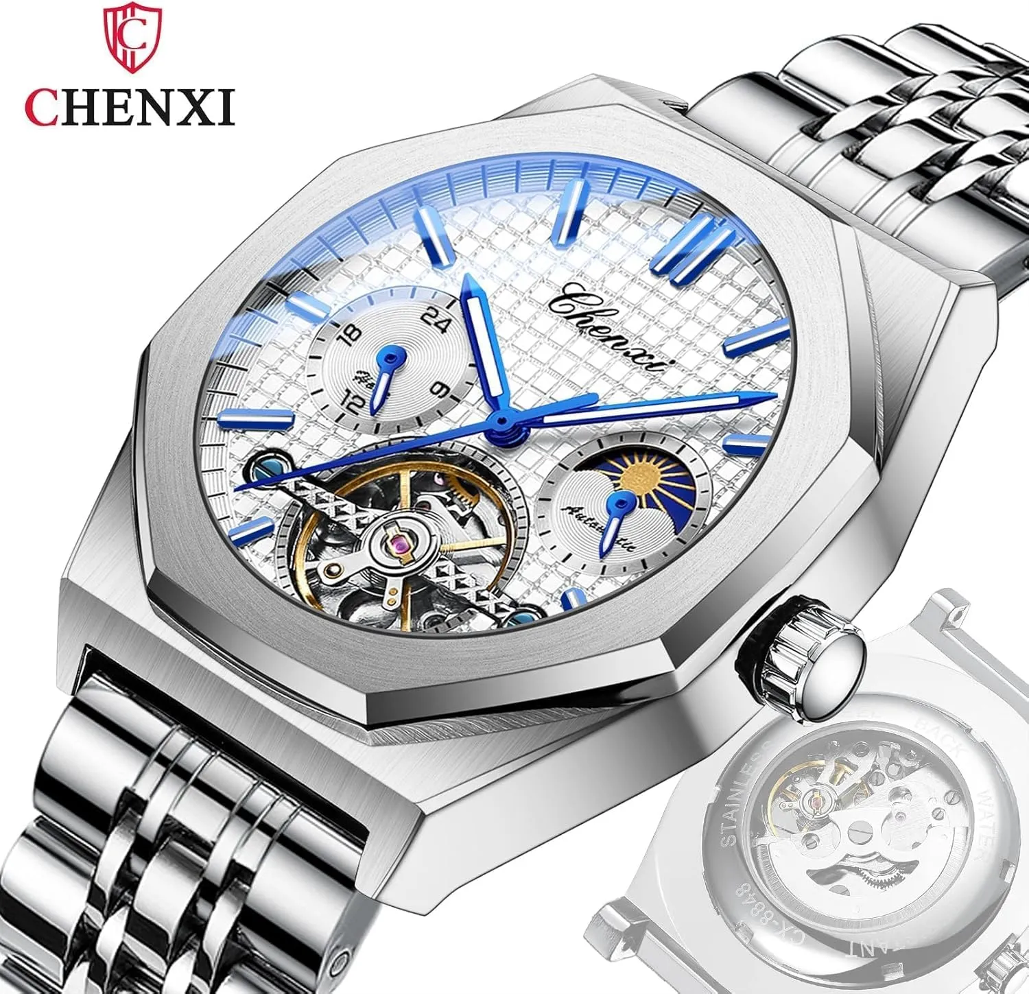 Tourbillon Mechanical Mens Watch Waterproof Moon Phase Luminous Automatic Winding Wristwatch