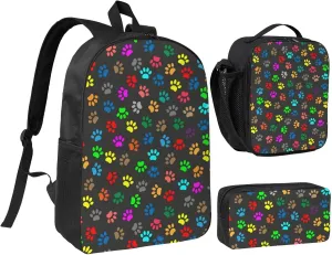 Trace Doodle Paw of cat Prints Backpack Set Lightweight Laptop Backpack Lunch Bag with Pencil Case for Women Men Travel Work