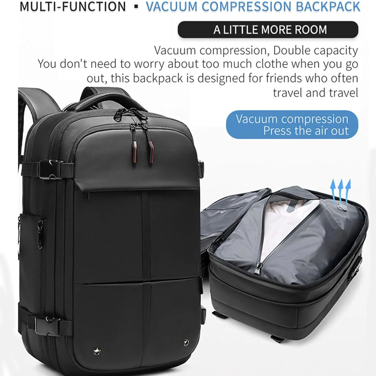 Transactione Backpack, Expandable Multifunctional Large Capacity Backpack, With Password Lock (Black-B)