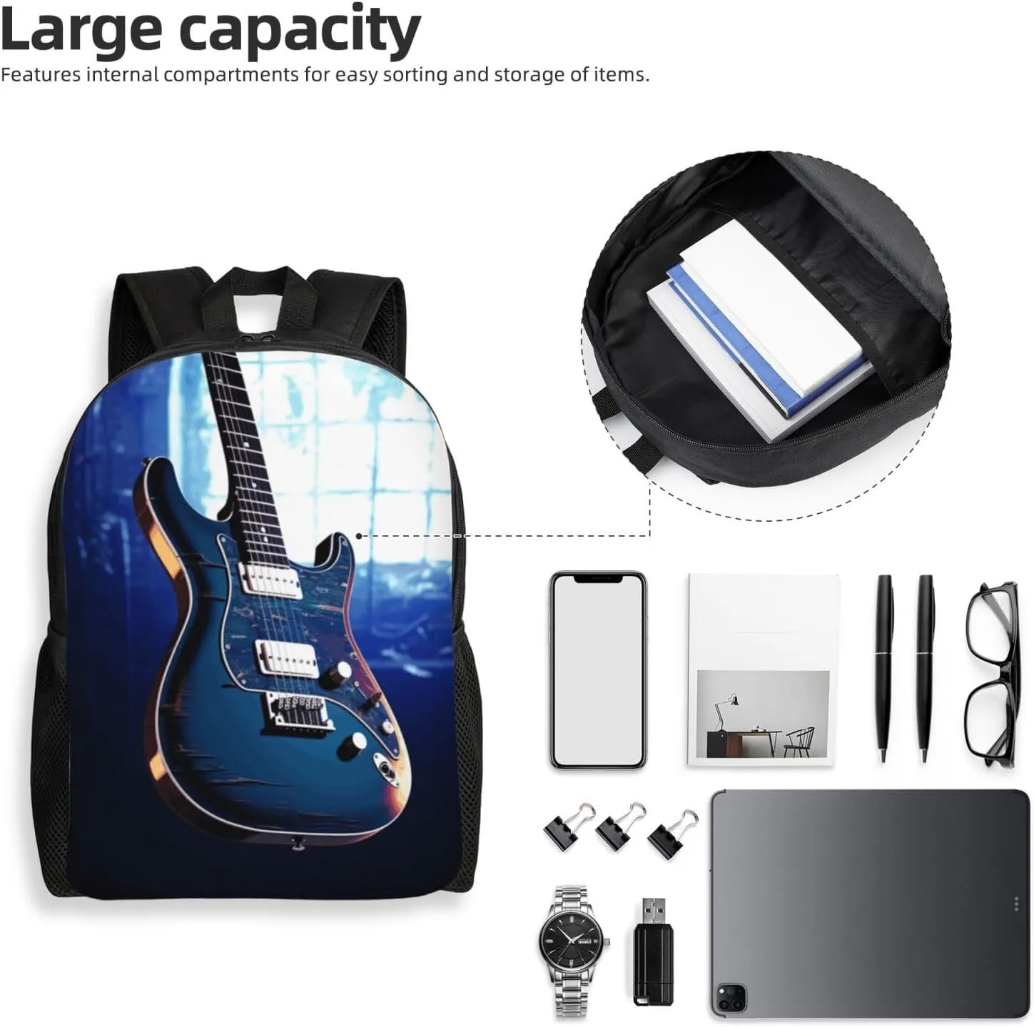Travel Backpack for Women Men Lightweight 17 inch Laptop Bag Blue Guitar Backpack Casual Daypack