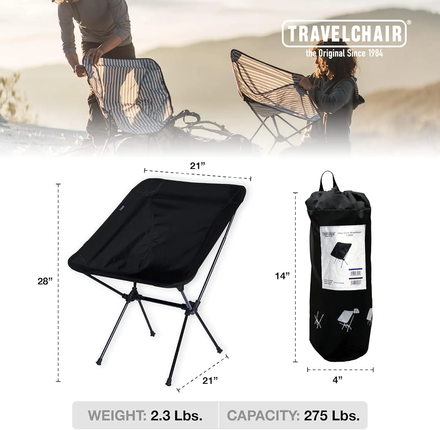 Travel Chair C-Series Joey Folding Camping Chair Outdoor for Hiking Backpacking Lawn Beach Sports Lightweight Stable Portable Collapsible Camping Chair Outdoor Furniture, Black
