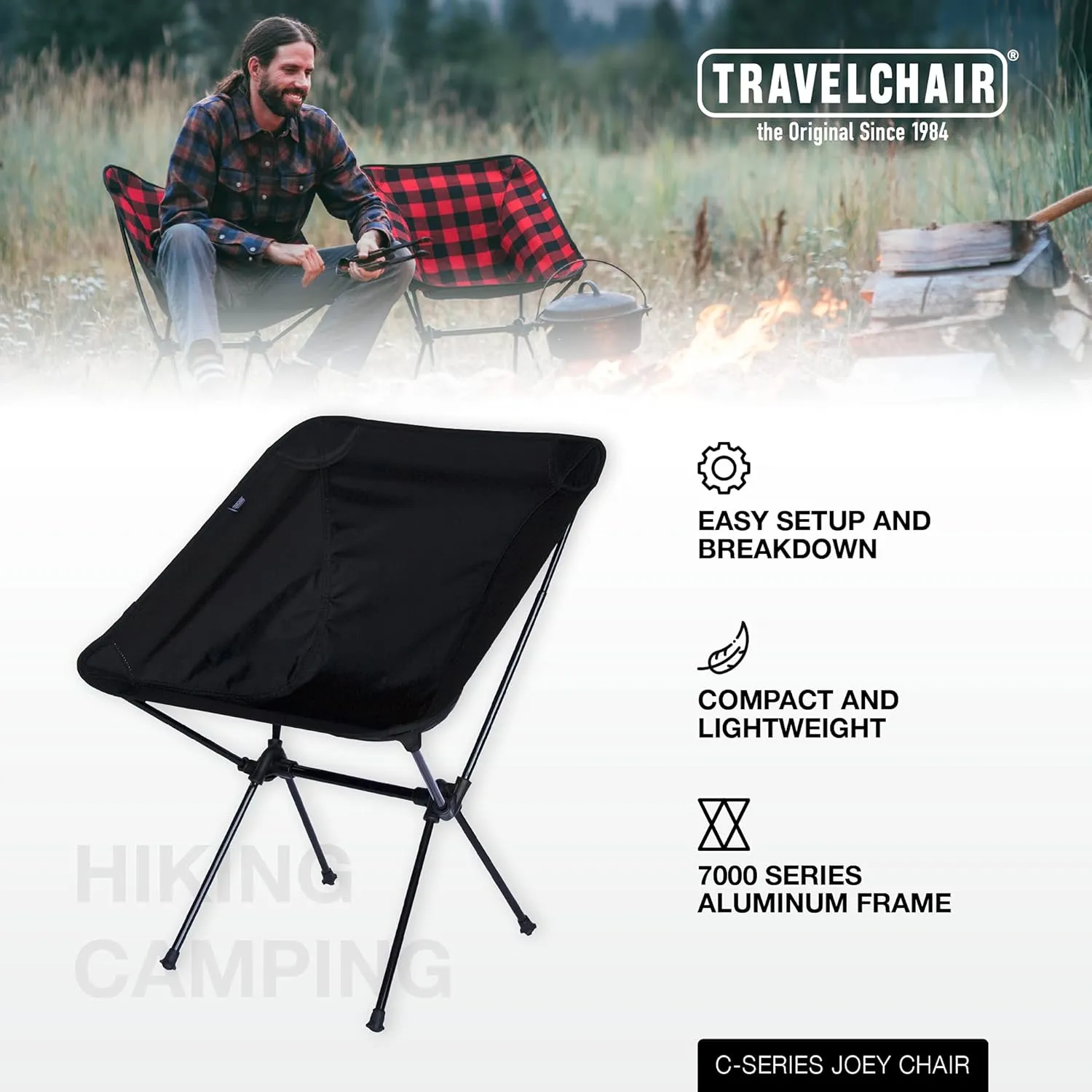Travel Chair C-Series Joey Folding Camping Chair Outdoor for Hiking Backpacking Lawn Beach Sports Lightweight Stable Portable Collapsible Camping Chair Outdoor Furniture, Black