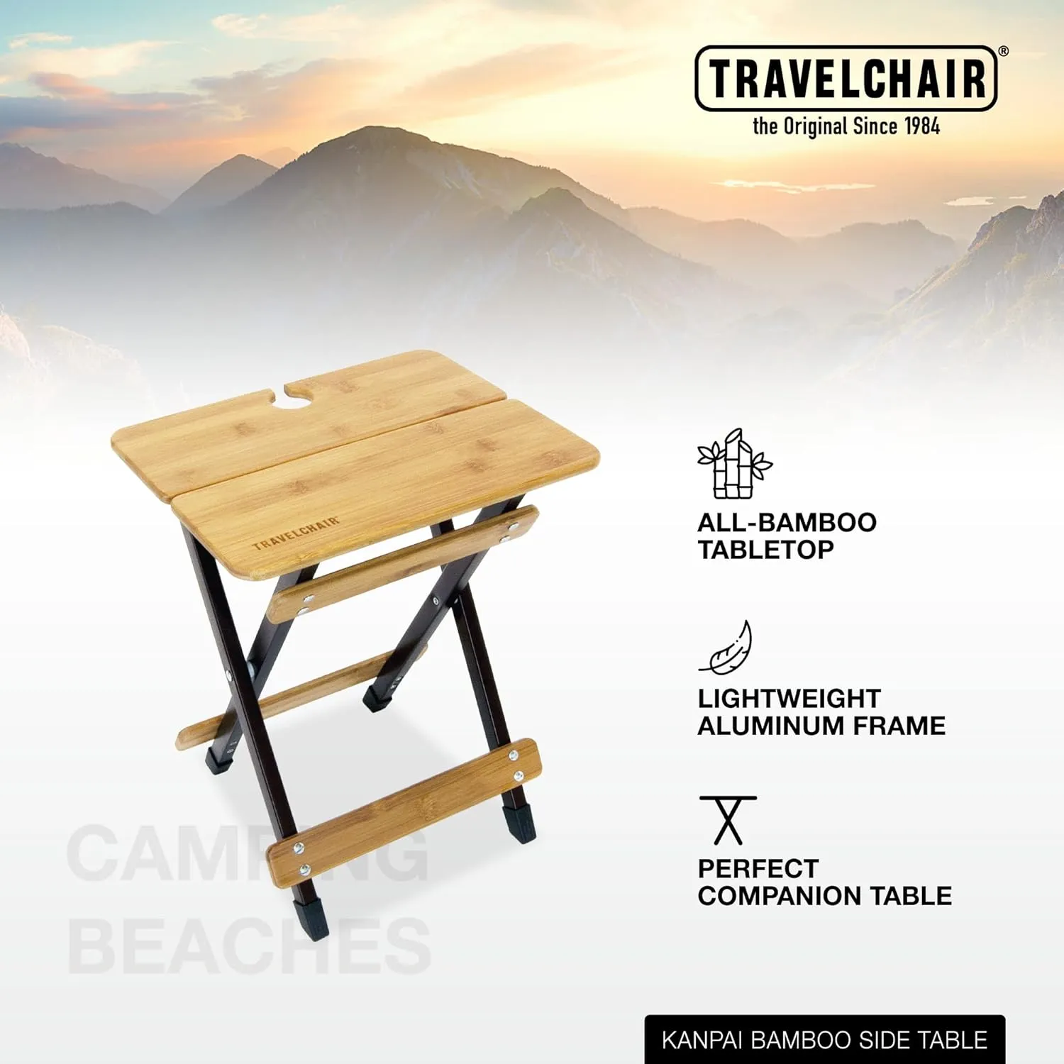 Travel Chair Camp Chair, Kanpai Bamboo Side Canyon Table, Bamboo/Wood