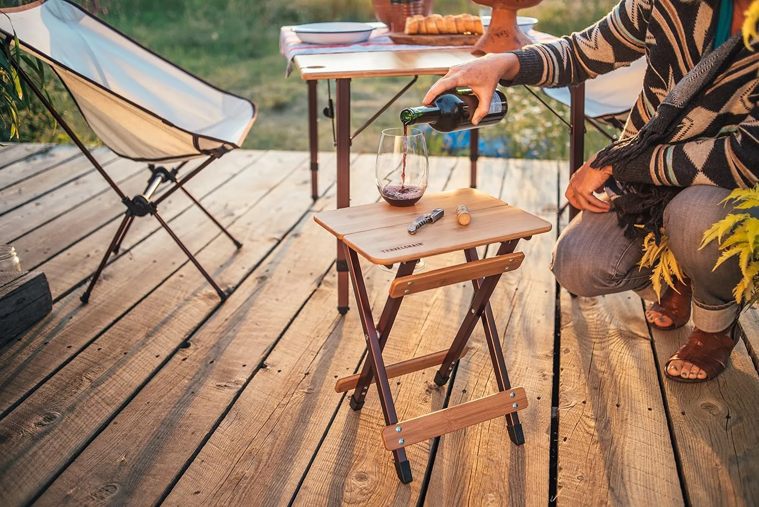Travel Chair Camp Chair, Kanpai Bamboo Side Canyon Table, Bamboo/Wood