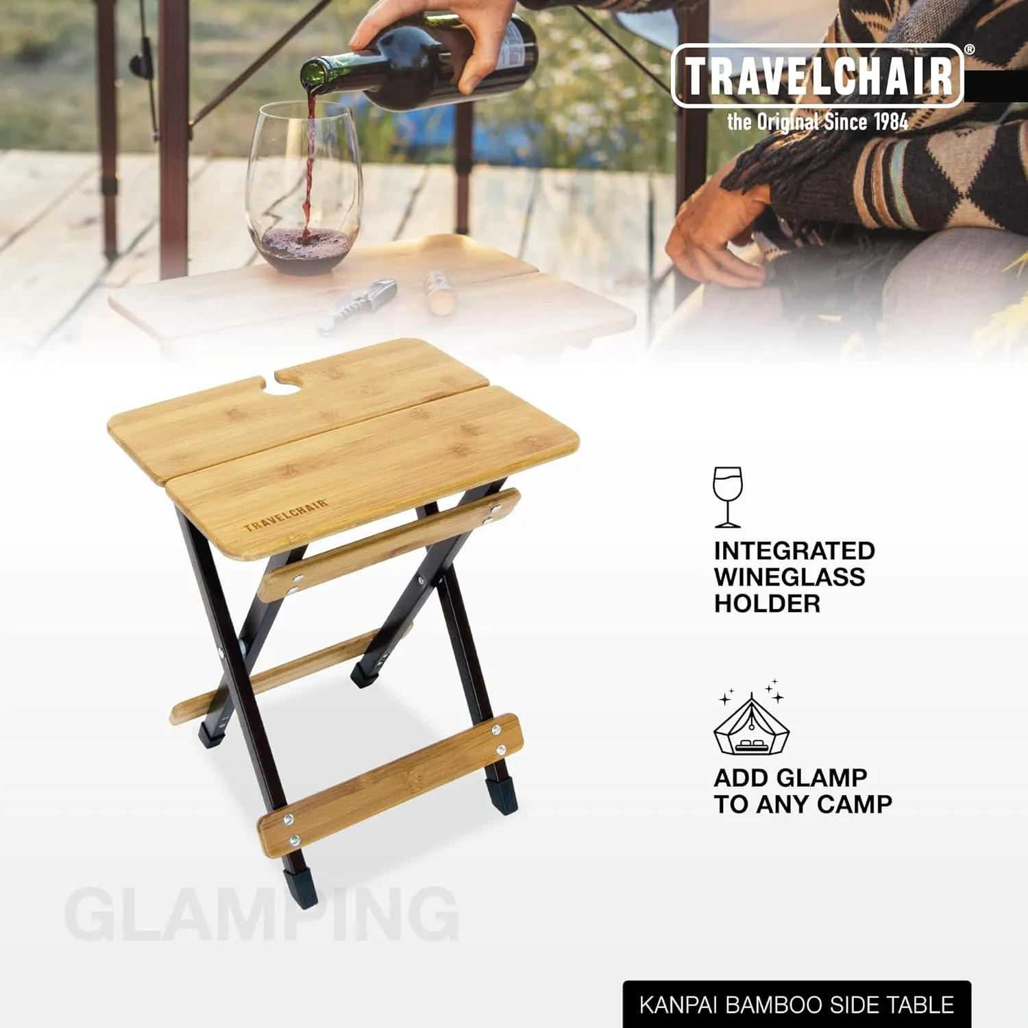 Travel Chair Camp Chair, Kanpai Bamboo Side Canyon Table, Bamboo/Wood