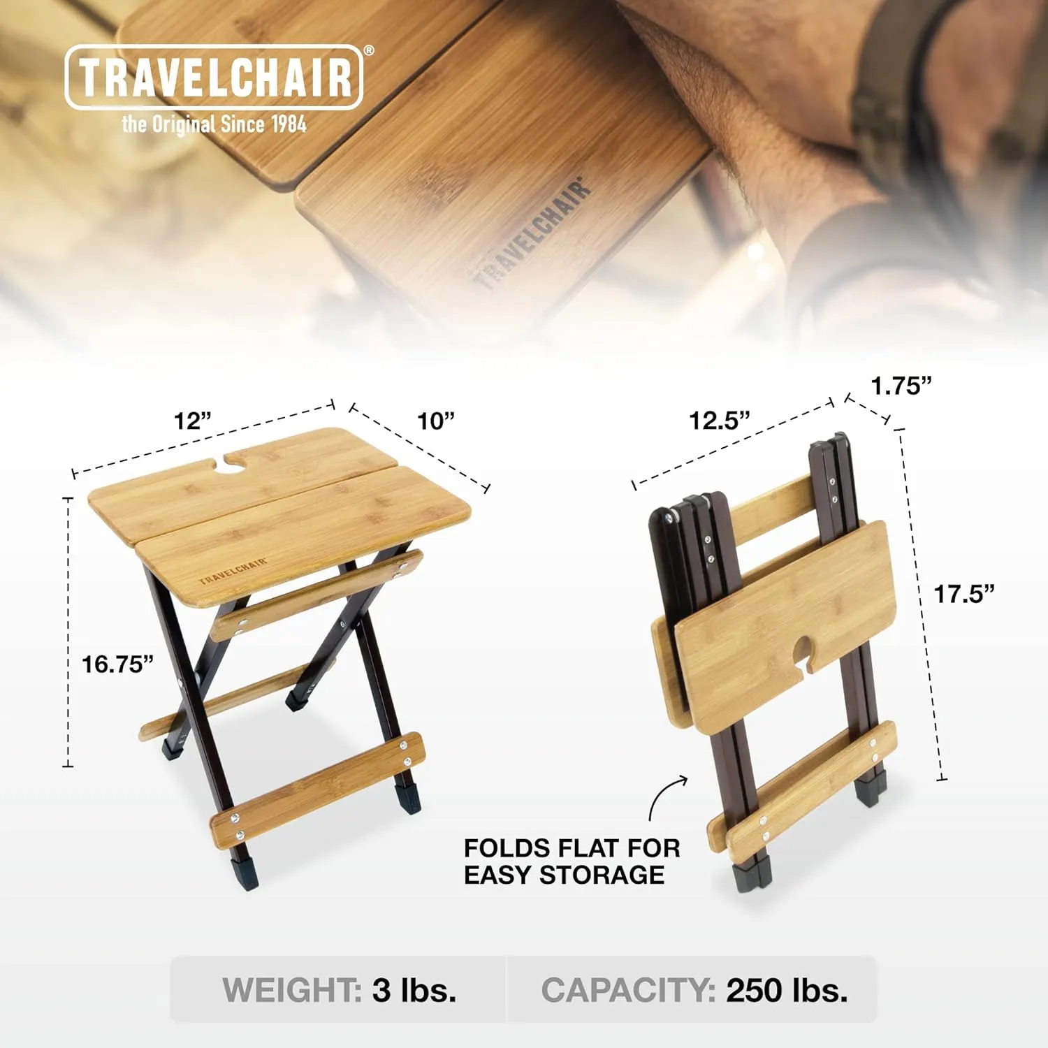 Travel Chair Camp Chair, Kanpai Bamboo Side Canyon Table, Bamboo/Wood