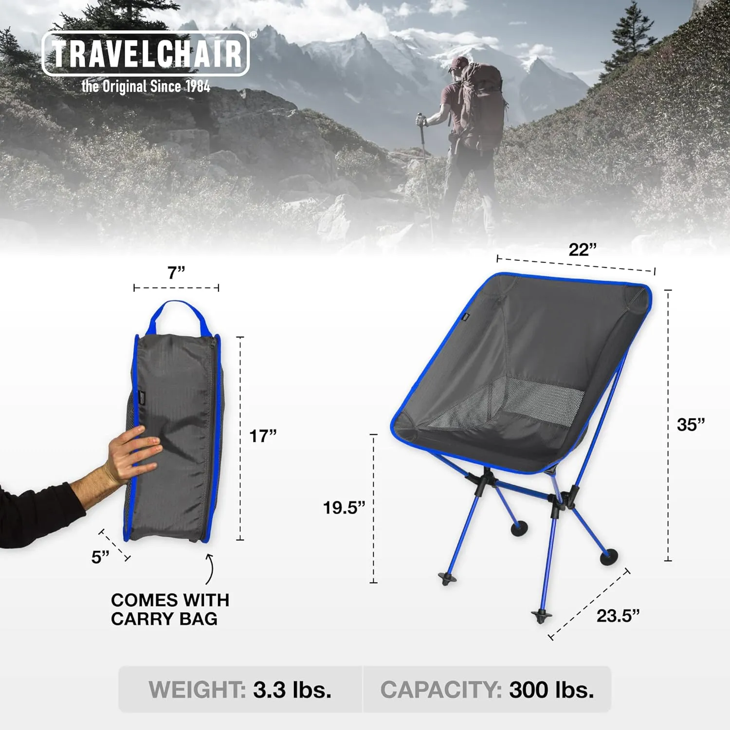 Travel Chair Roo Joey Chair Folding Camping Chair Outdoor for Hiking Backpacking Lawn Beach Sports Lightweight Stable Portable Collapsible Camping Chair Outdoor Furniture, New Blue
