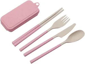 Travel Utensils with Case 3sets Foldable Wheat Straw Spoon Fork Knife Chopsticks Dinnerware For Outdoor Travel Picnic Tableware(Pink)