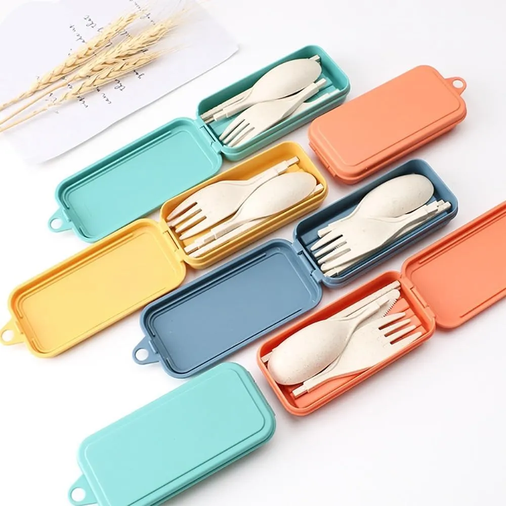 Travel Utensils with Case 3sets Foldable Wheat Straw Spoon Fork Knife Chopsticks Dinnerware For Outdoor Travel Picnic Tableware(Pink)