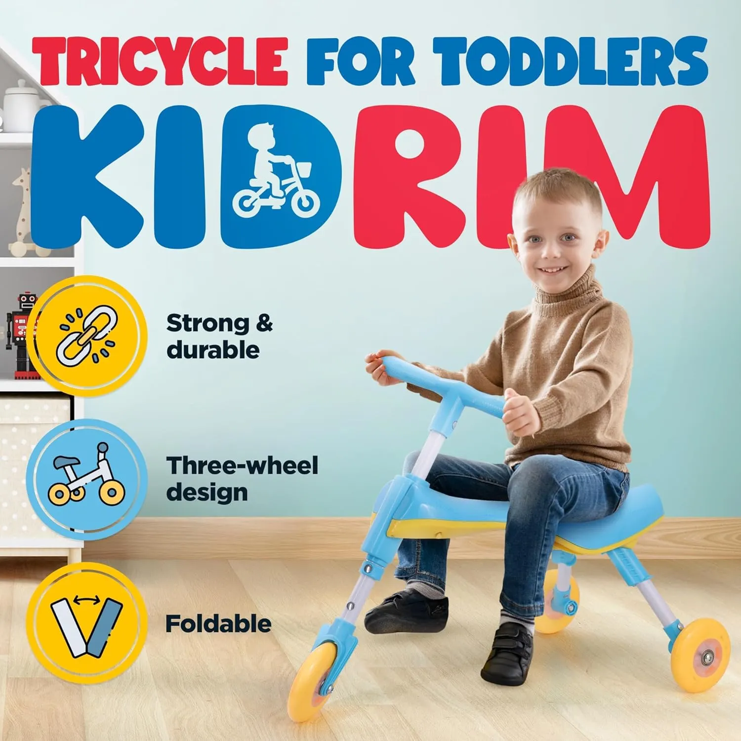 Tricycle for Toddlers 1-3 Years Old – Foldable Tricycle for Toddlers – Toddler Bike for Boys and Girls – Easy to Ride and Steer – No Assembly Needed – Christmas, 1st Birthday Gifts Boy - Blue - KIDRIM