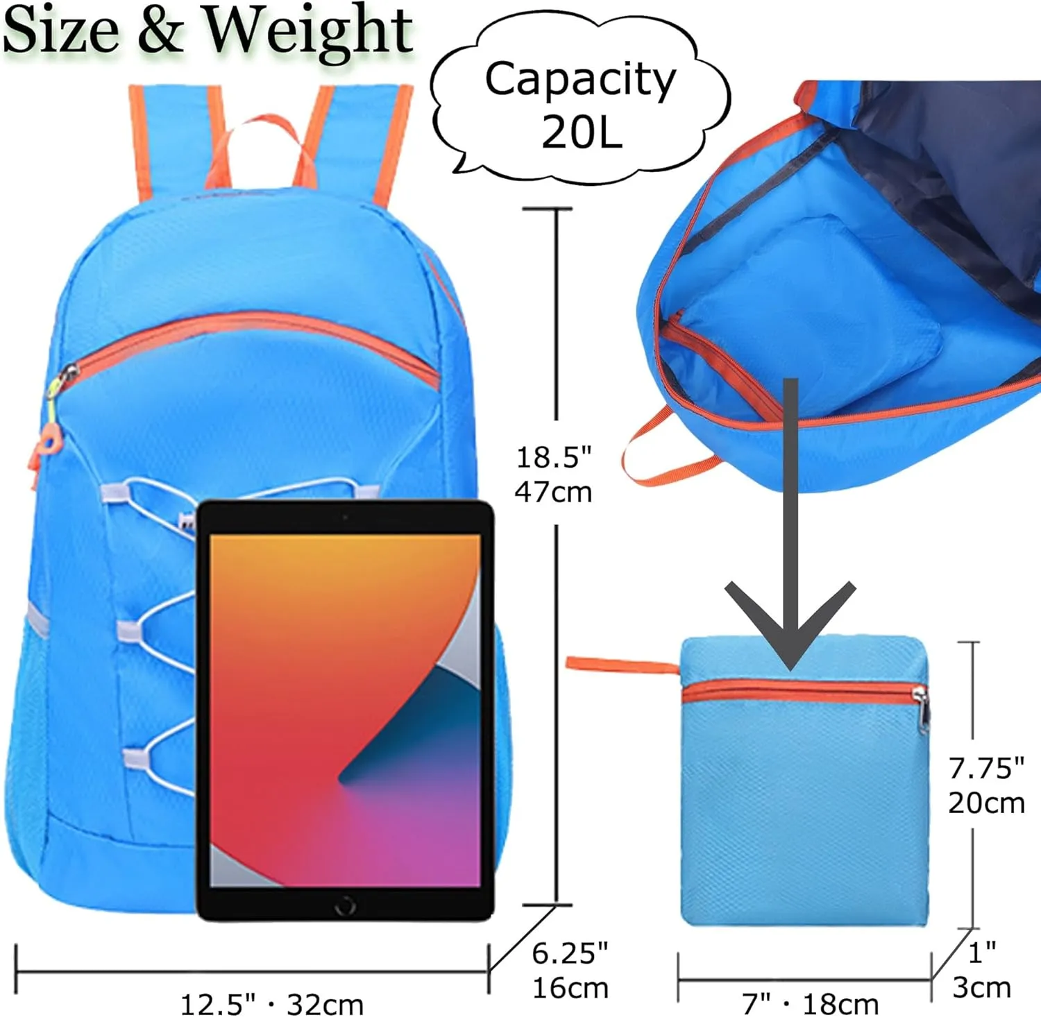 TWO KAT Lightweight Packable Hiking Backpack 20L Bottle Holder, Water Resistant Daypack, Foldable Bags Travel Camping Outdoor (Orange)