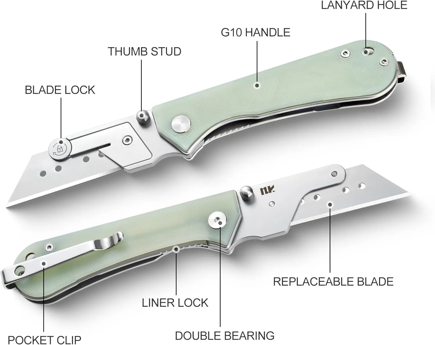 U23 Kumpanter Folding Utility Knife - Versatile EDC Knife with Quick-Release Blade, Compact Foldable Pocket Utility Knives - G10 Jade