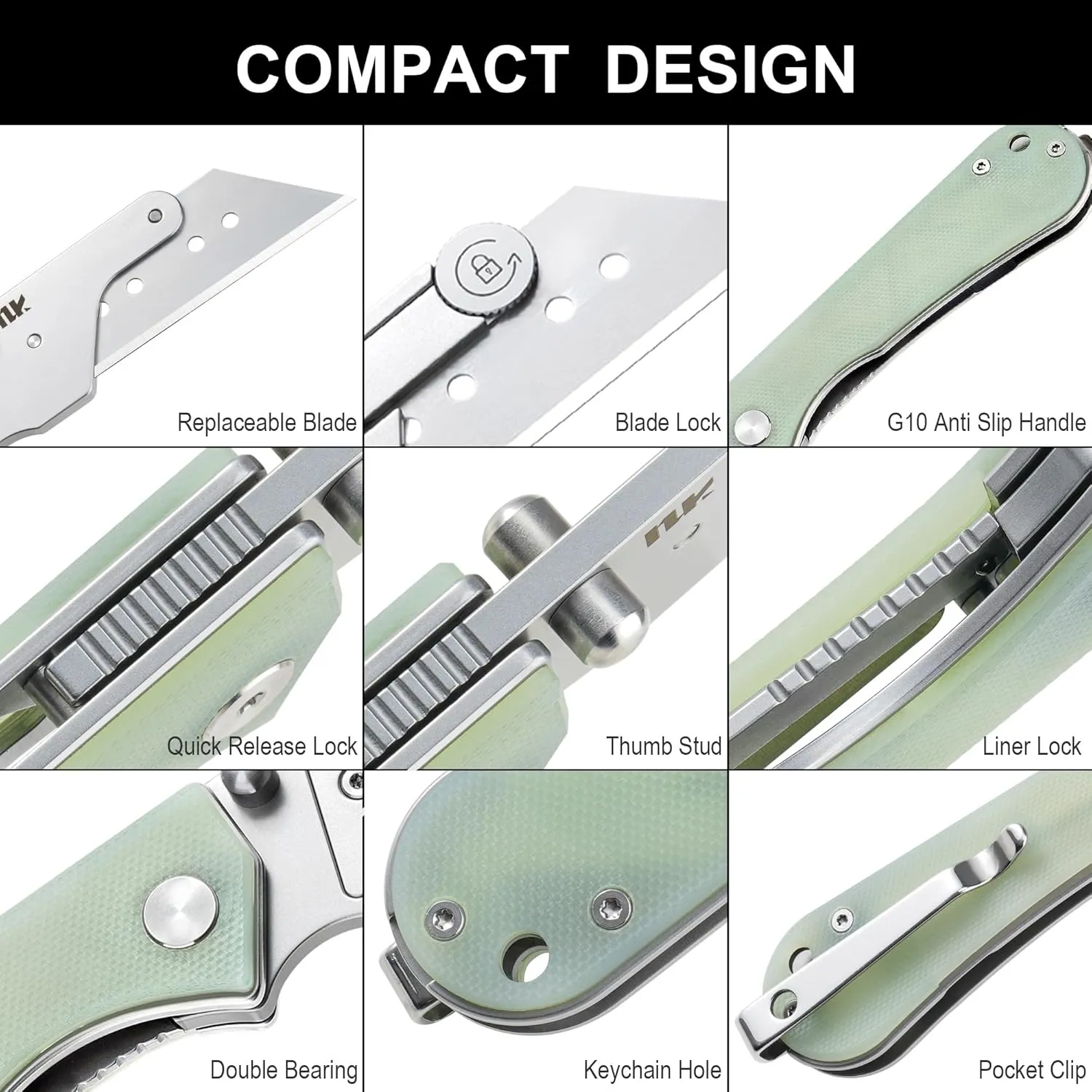 U23 Kumpanter Folding Utility Knife - Versatile EDC Knife with Quick-Release Blade, Compact Foldable Pocket Utility Knives - G10 Jade