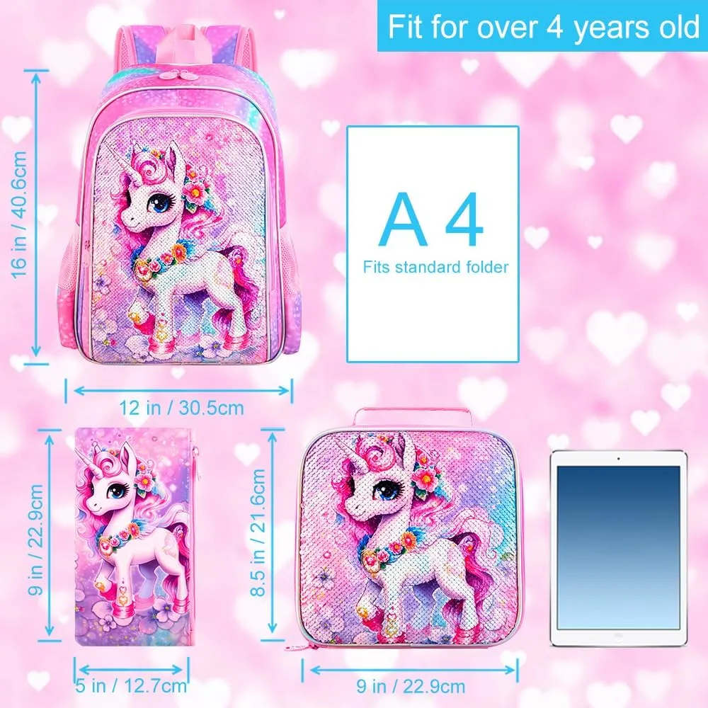 UFNDC 3PCS Backpack for Girls with Lunch Box,16”Kids Sequin Bookbag with Lunch Box, School Bag for Elementary Toddler