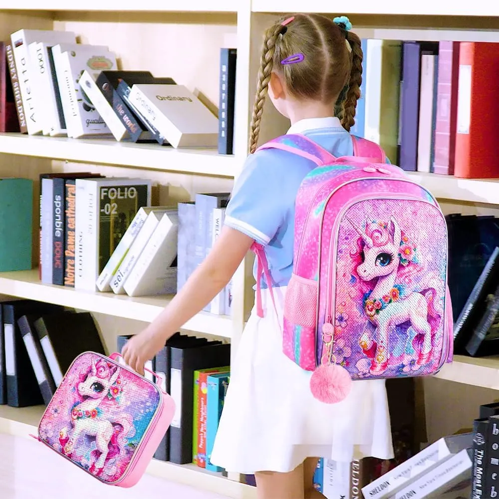 UFNDC 3PCS Backpack for Girls with Lunch Box,16”Kids Sequin Bookbag with Lunch Box, School Bag for Elementary Toddler