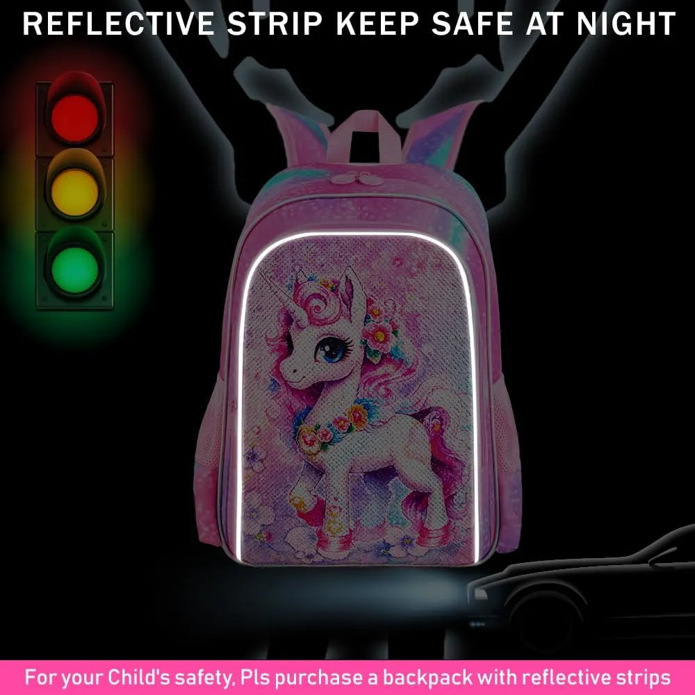 UFNDC 3PCS Backpack for Girls with Lunch Box,16”Kids Sequin Bookbag with Lunch Box, School Bag for Elementary Toddler