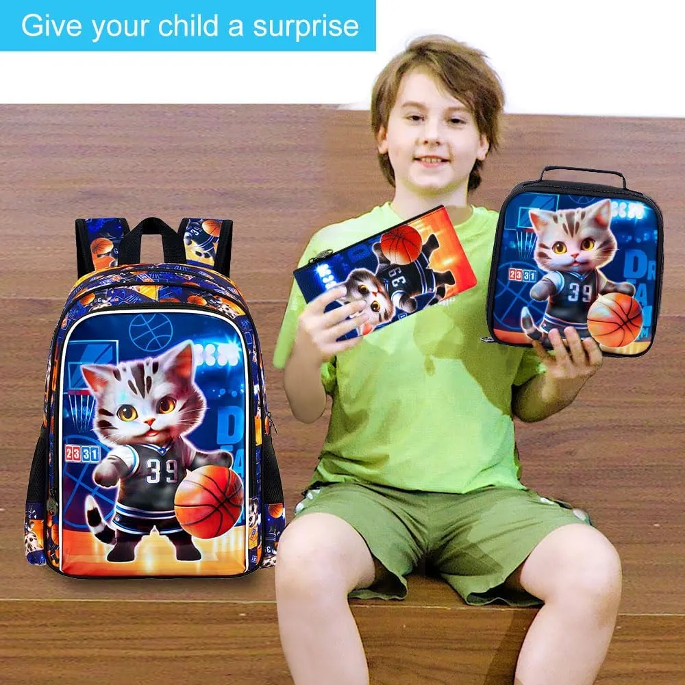 UFNDC 3PCS Basketball Cat Bookabg for Boys, Kids Backpack with Lunch Box, Water Resistant School Bag for Elementary Preschool Toddler