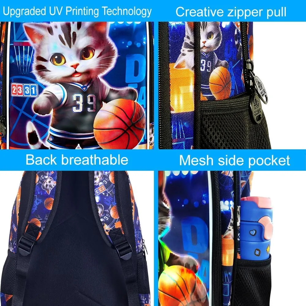 UFNDC 3PCS Basketball Cat Bookabg for Boys, Kids Backpack with Lunch Box, Water Resistant School Bag for Elementary Preschool Toddler