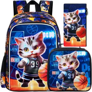 UFNDC 3PCS Basketball Cat Bookabg for Boys, Kids Backpack with Lunch Box, Water Resistant School Bag for Elementary Preschool Toddler