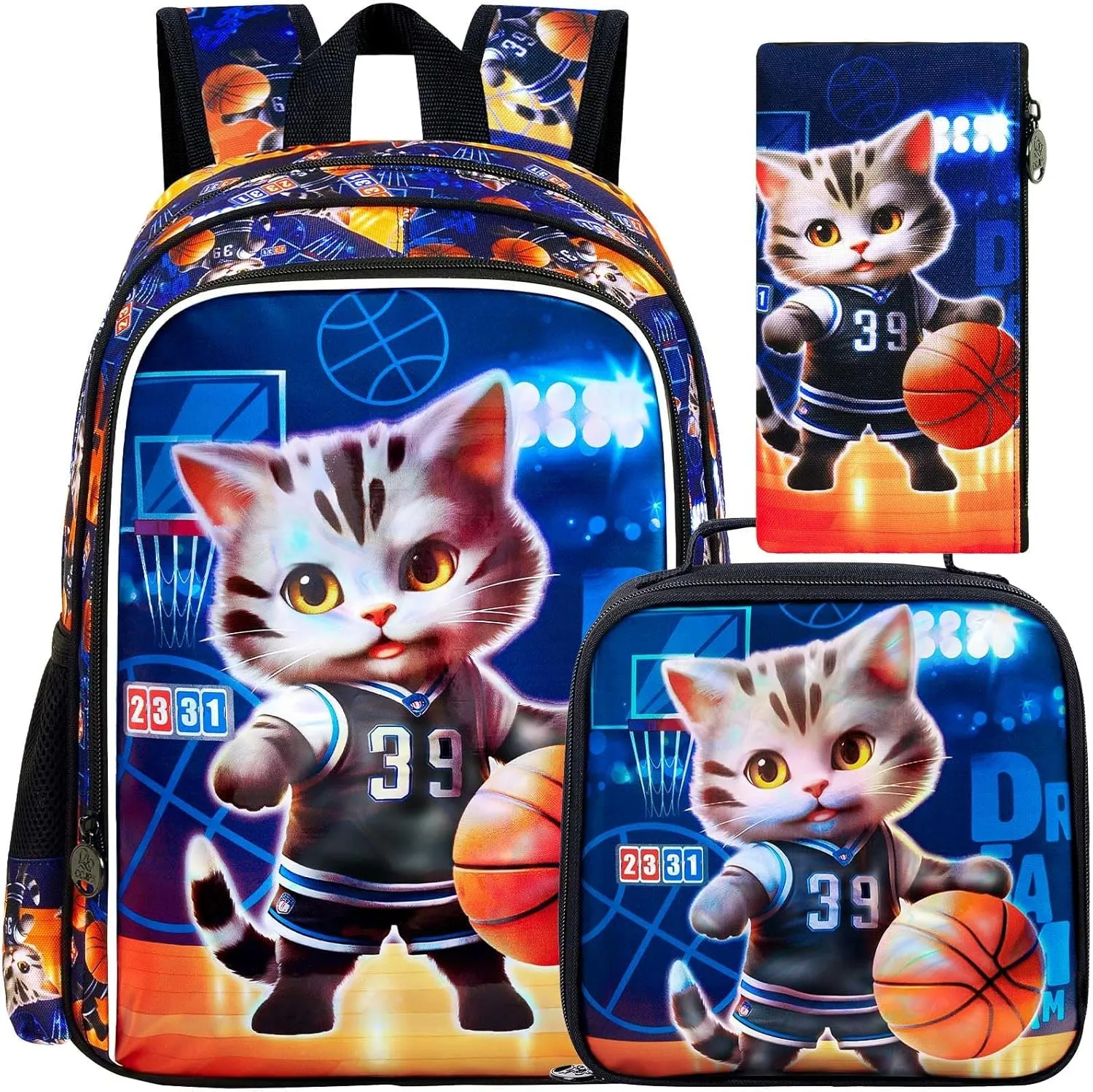 UFNDC 3PCS Basketball Cat Bookabg for Boys, Kids Backpack with Lunch Box, Water Resistant School Bag for Elementary Preschool Toddler