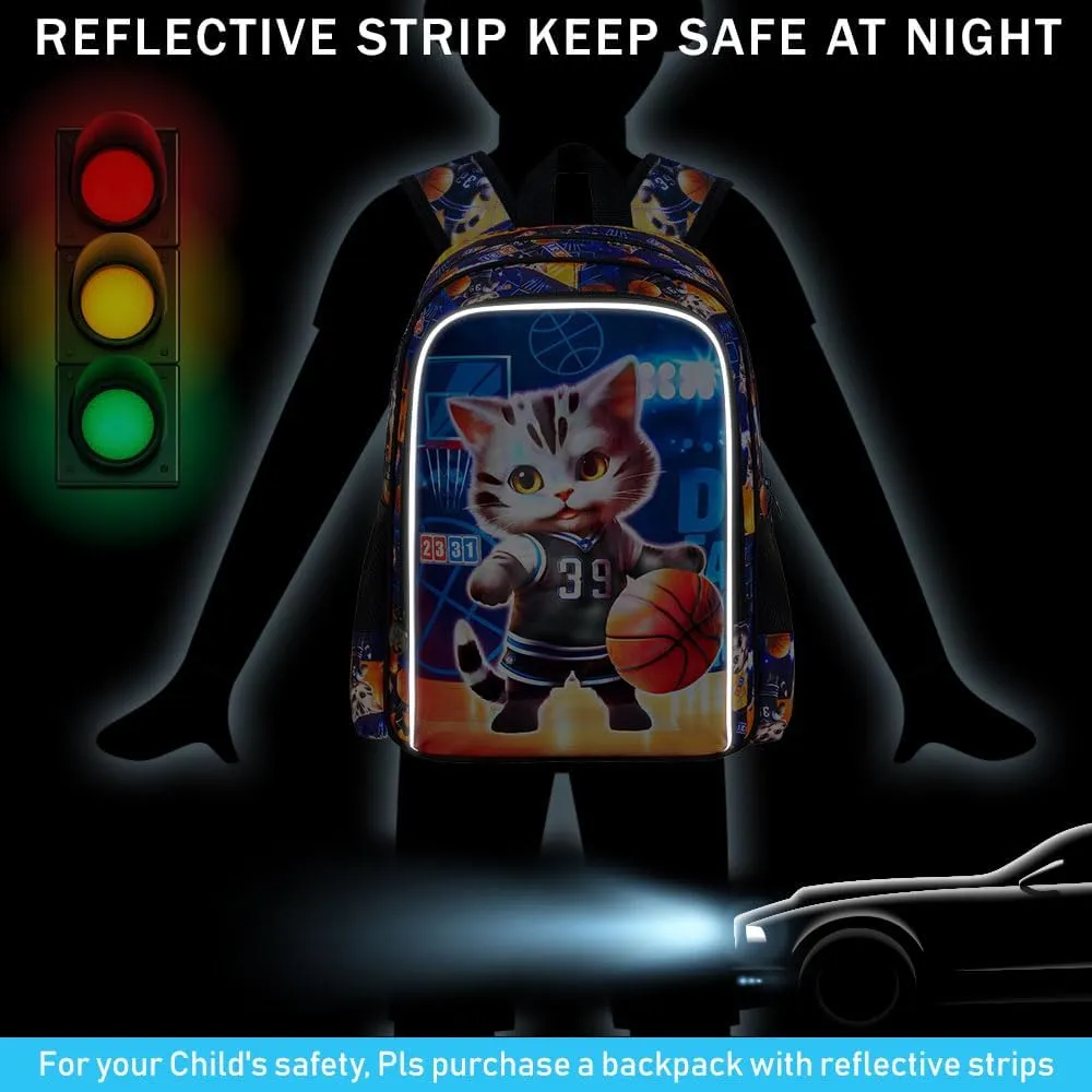 UFNDC 3PCS Basketball Cat Bookabg for Boys, Kids Backpack with Lunch Box, Water Resistant School Bag for Elementary Preschool Toddler