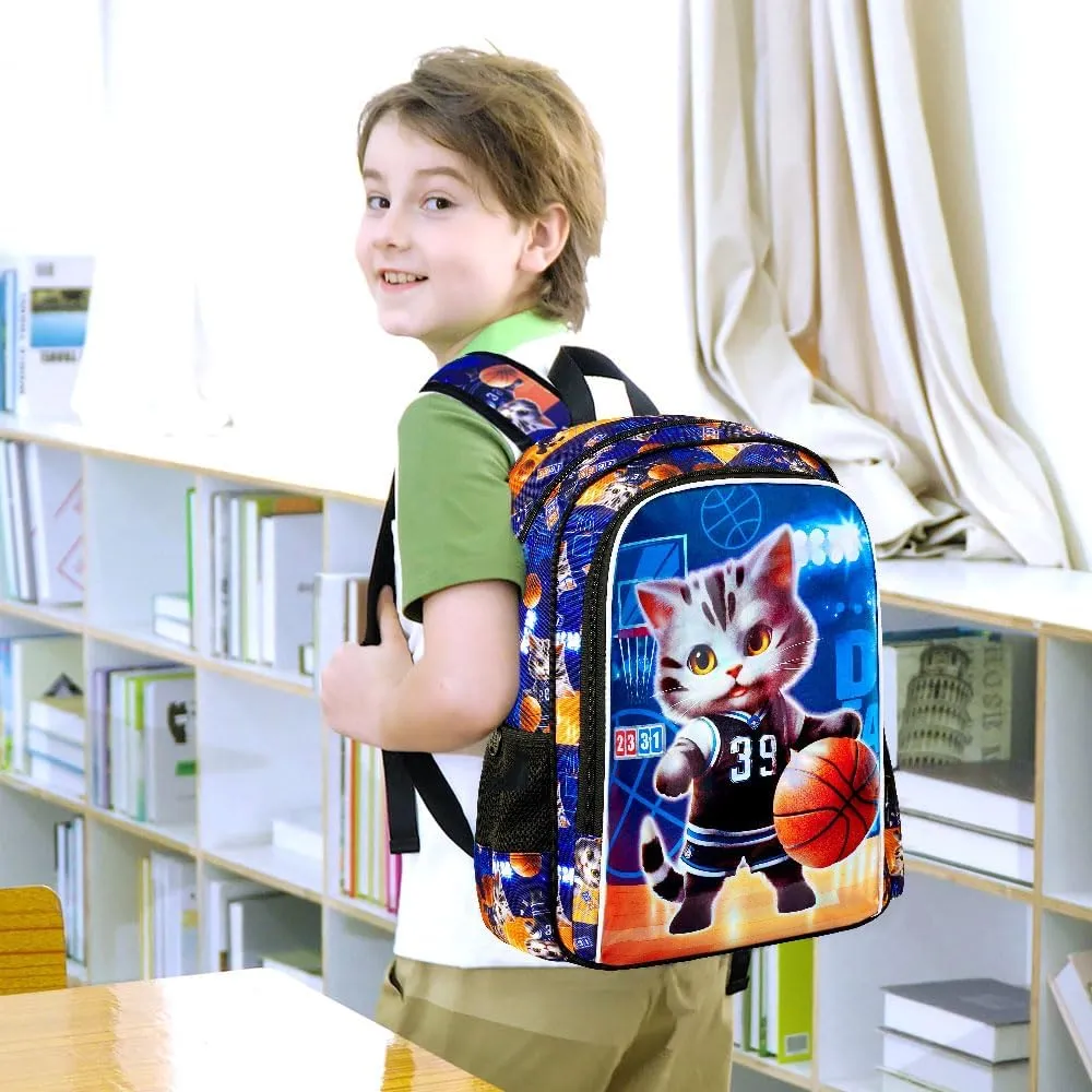 UFNDC 3PCS Basketball Cat Bookabg for Boys, Kids Backpack with Lunch Box, Water Resistant School Bag for Elementary Preschool Toddler