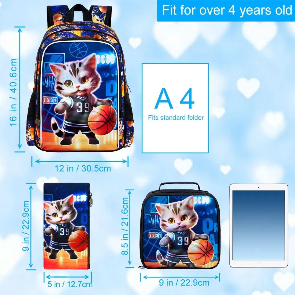 UFNDC 3PCS Basketball Cat Bookabg for Boys, Kids Backpack with Lunch Box, Water Resistant School Bag for Elementary Preschool Toddler