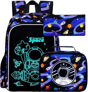 UFNDC 3PCS Boys Astronaut Backpack, Kids Camouflage Bookbag with Lunch Box, 17" Water Resistant Teen Travel School Bag for Middle Elementary