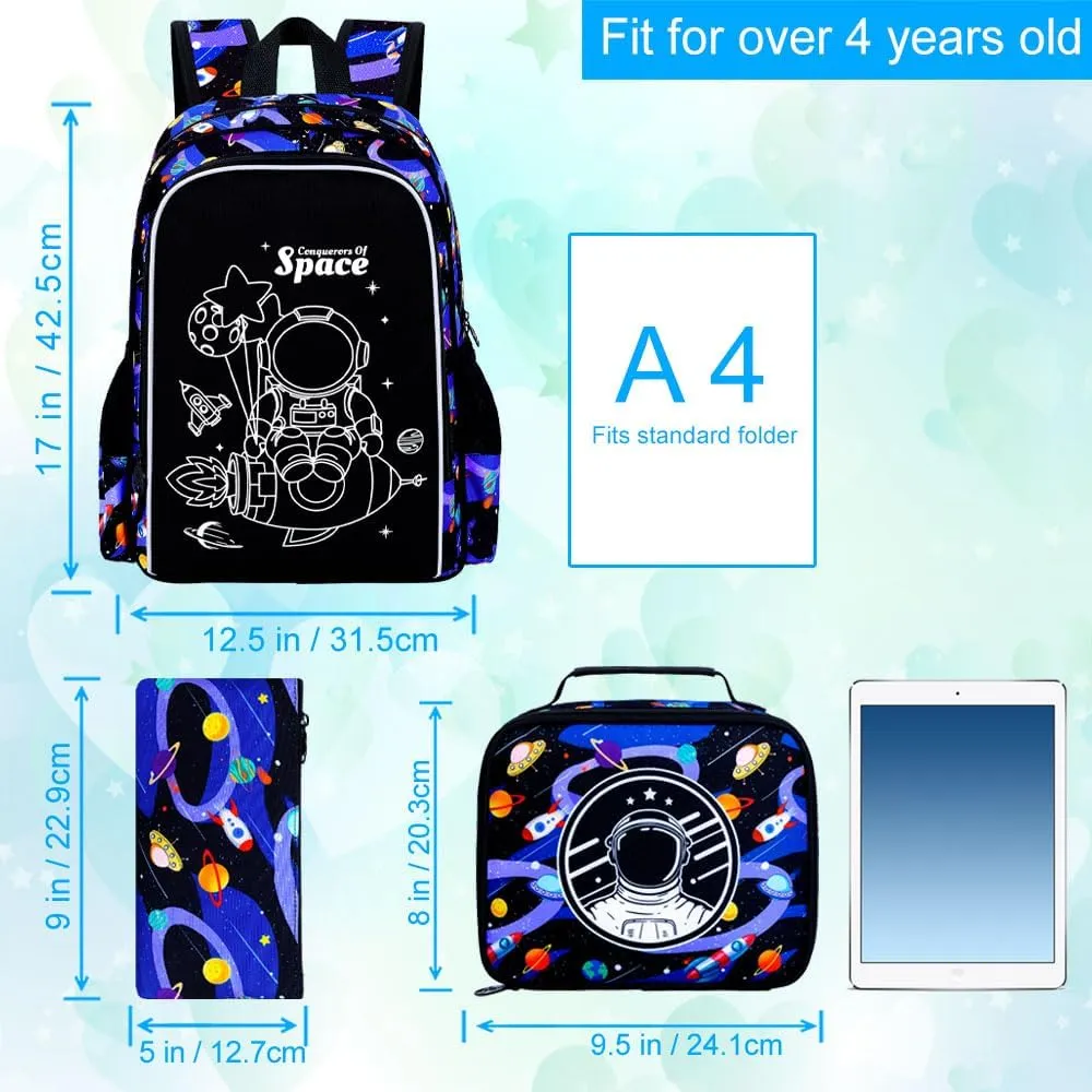 UFNDC 3PCS Boys Astronaut Backpack, Kids Camouflage Bookbag with Lunch Box, 17" Water Resistant Teen Travel School Bag for Middle Elementary