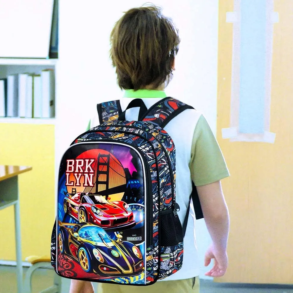 UFNDC 3PCS Boys Racing Car Backpack, Kids Bookbag with Lunch Box, Water Resistant School Bag for Elementary Preschool Toddler