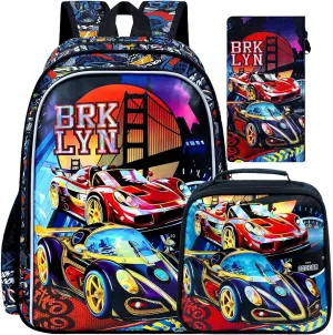 UFNDC 3PCS Boys Racing Car Backpack, Kids Bookbag with Lunch Box, Water Resistant School Bag for Elementary Preschool Toddler