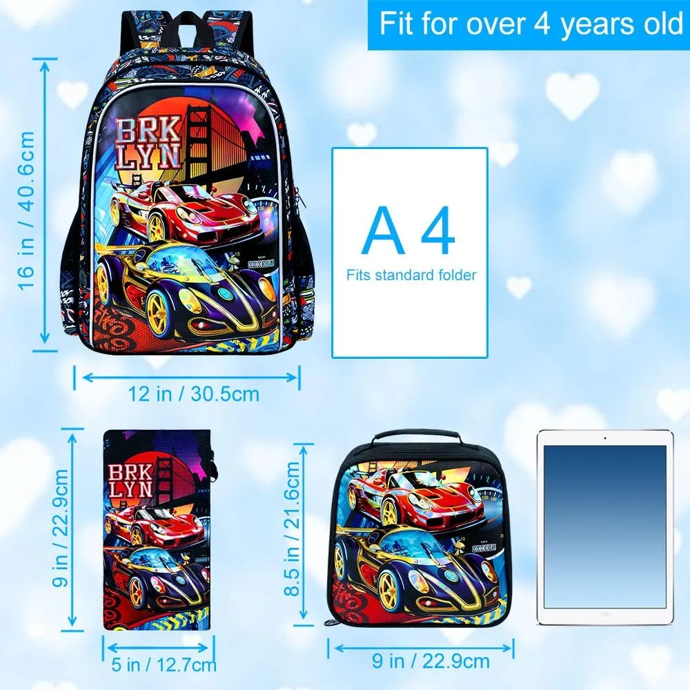 UFNDC 3PCS Boys Racing Car Backpack, Kids Bookbag with Lunch Box, Water Resistant School Bag for Elementary Preschool Toddler