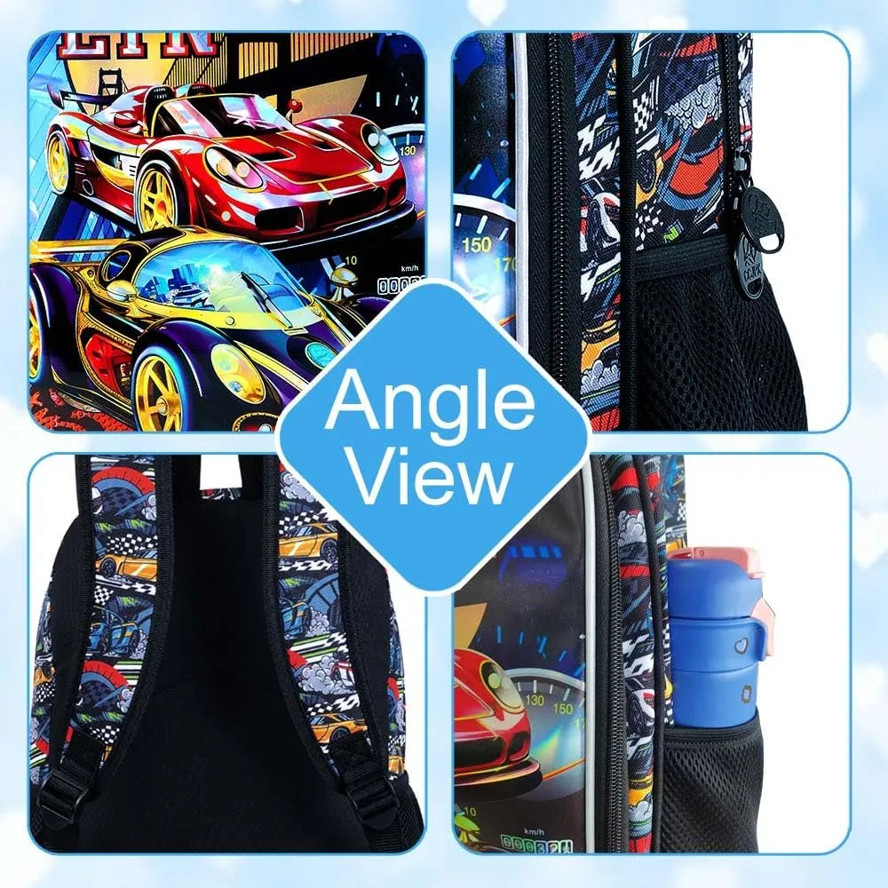 UFNDC 3PCS Boys Racing Car Backpack, Kids Bookbag with Lunch Box, Water Resistant School Bag for Elementary Preschool Toddler