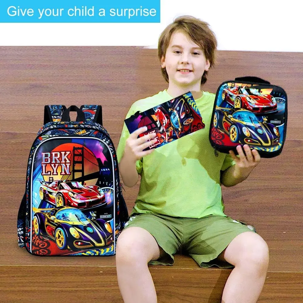 UFNDC 3PCS Boys Racing Car Backpack, Kids Bookbag with Lunch Box, Water Resistant School Bag for Elementary Preschool Toddler
