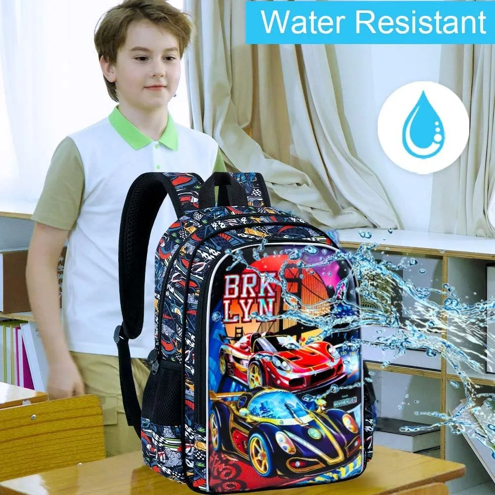 UFNDC 3PCS Boys Racing Car Backpack, Kids Bookbag with Lunch Box, Water Resistant School Bag for Elementary Preschool Toddler