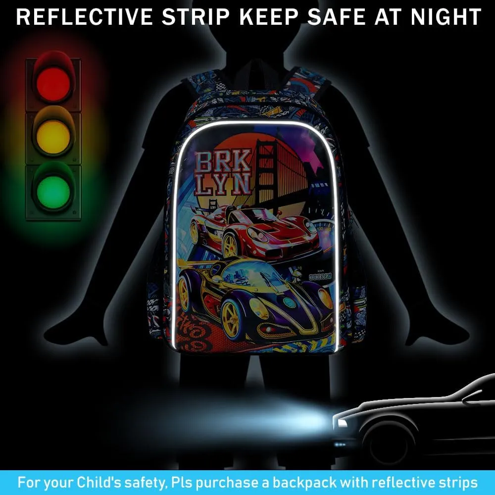 UFNDC 3PCS Boys Racing Car Backpack, Kids Bookbag with Lunch Box, Water Resistant School Bag for Elementary Preschool Toddler