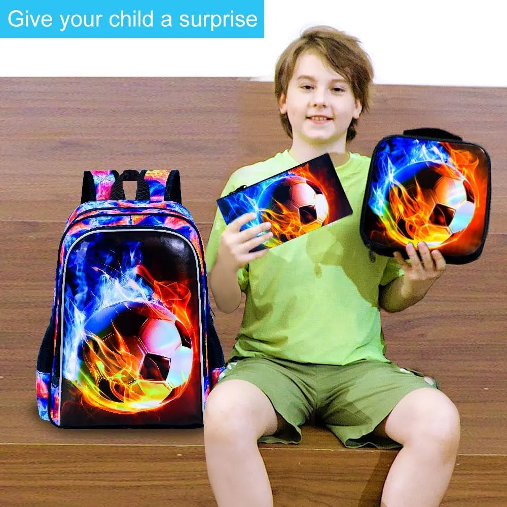 UFNDC 3PCS Boys Soccer Backpack, Kids Fire Bookbag with Lunch Box, 17" Water Resistant School Bag for Teenagers Elementary Middle