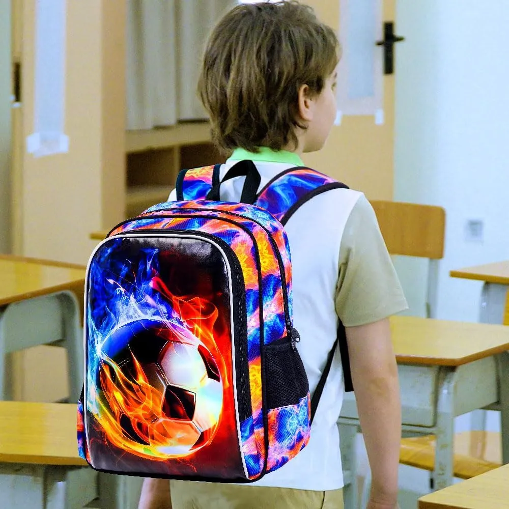 UFNDC 3PCS Boys Soccer Backpack, Kids Fire Bookbag with Lunch Box, 17" Water Resistant School Bag for Teenagers Elementary Middle