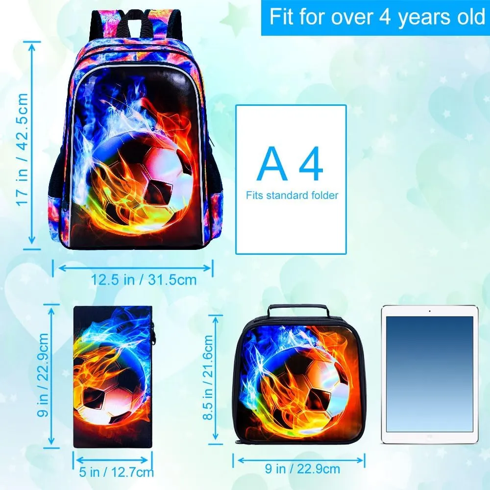 UFNDC 3PCS Boys Soccer Backpack, Kids Fire Bookbag with Lunch Box, 17" Water Resistant School Bag for Teenagers Elementary Middle